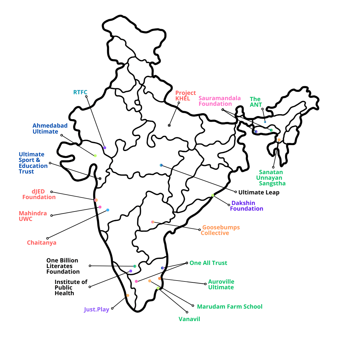 Map showing NGO partners across 12 states in India, including Maharashtra, Karnataka,Tamil Nadu,Delhi,Uttar Pradesh,West Bengal, Gujarat, Rajasthan,Telangana, Kerala, Punjab, Odisha, Bihar